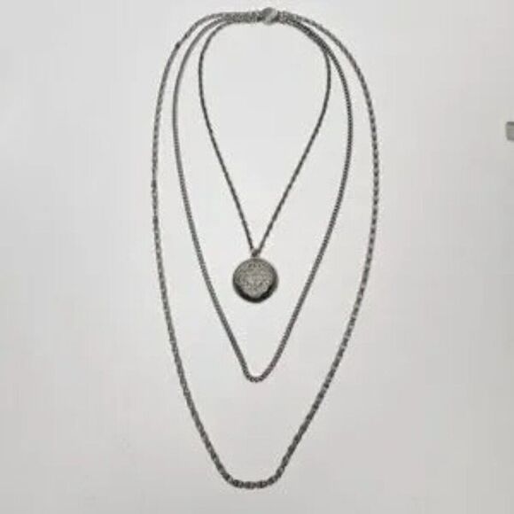 Vtg Triple 3 Strand Necklace Ornate Filigree Pendant Silver Tone Chain Rope Curb - Picture 5 of 12